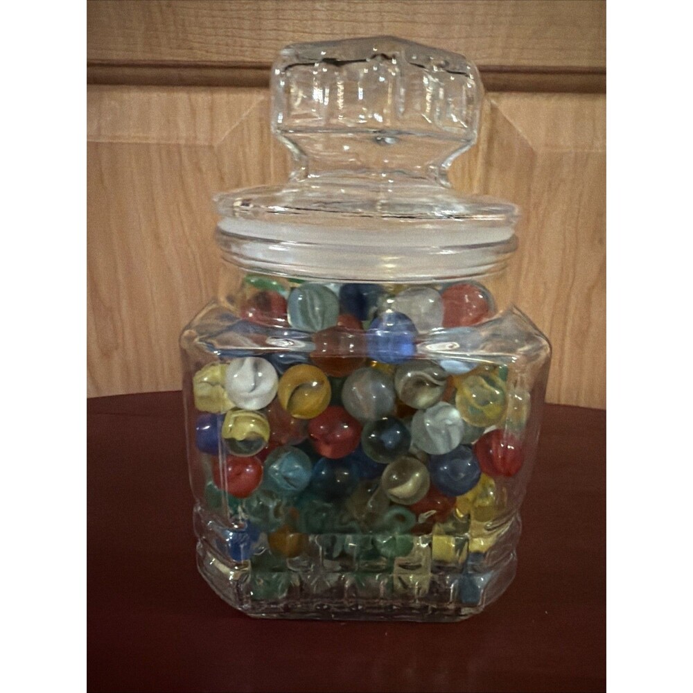 300 Vintage Marbles Lot 1950’s Various Colors Solid & Cat Eyes In Glass canister